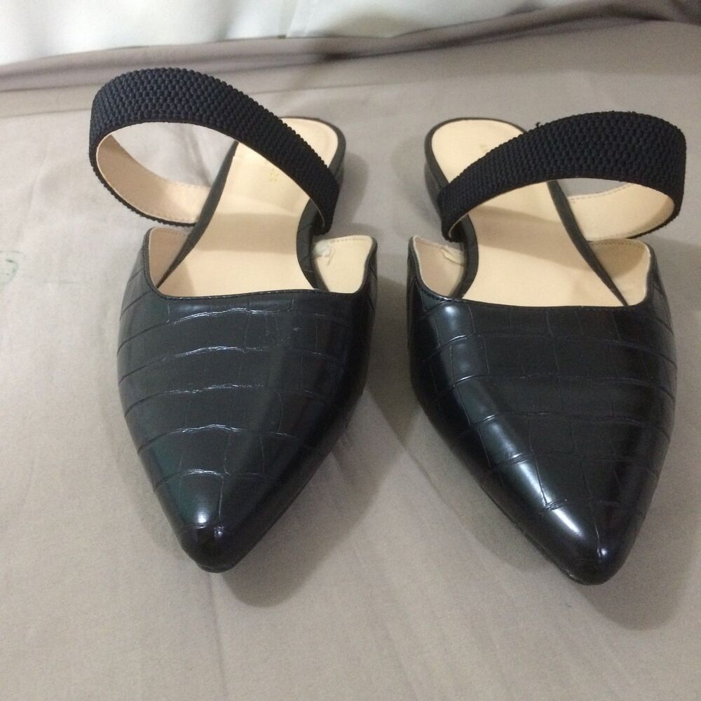 Ann Taylor Factory Black Pointed Toe Mule Flats Size 8.5 Faux Croc Slip On Shoes - Picture 7 of 8